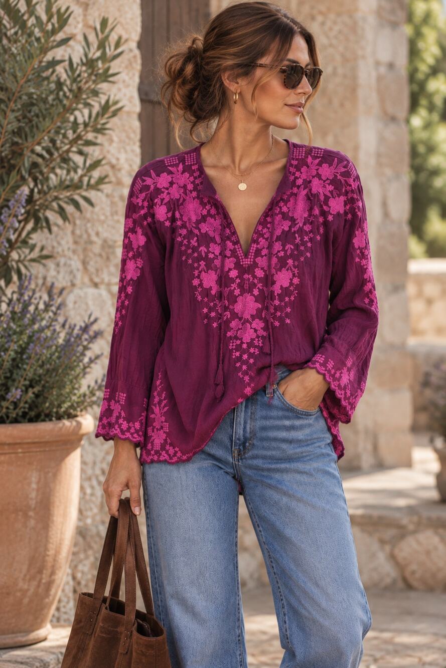 Johnny Was Embroidered Tunic Blouse Size Small- Plum Pink Cupra Rayon Boho